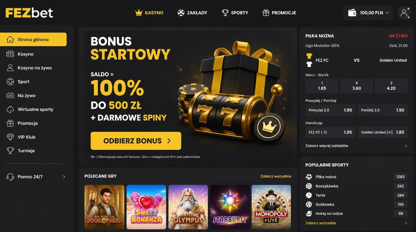 grafika prezentująca pakiet startowy w FezBet, bonus powitalny i gry sportowe
