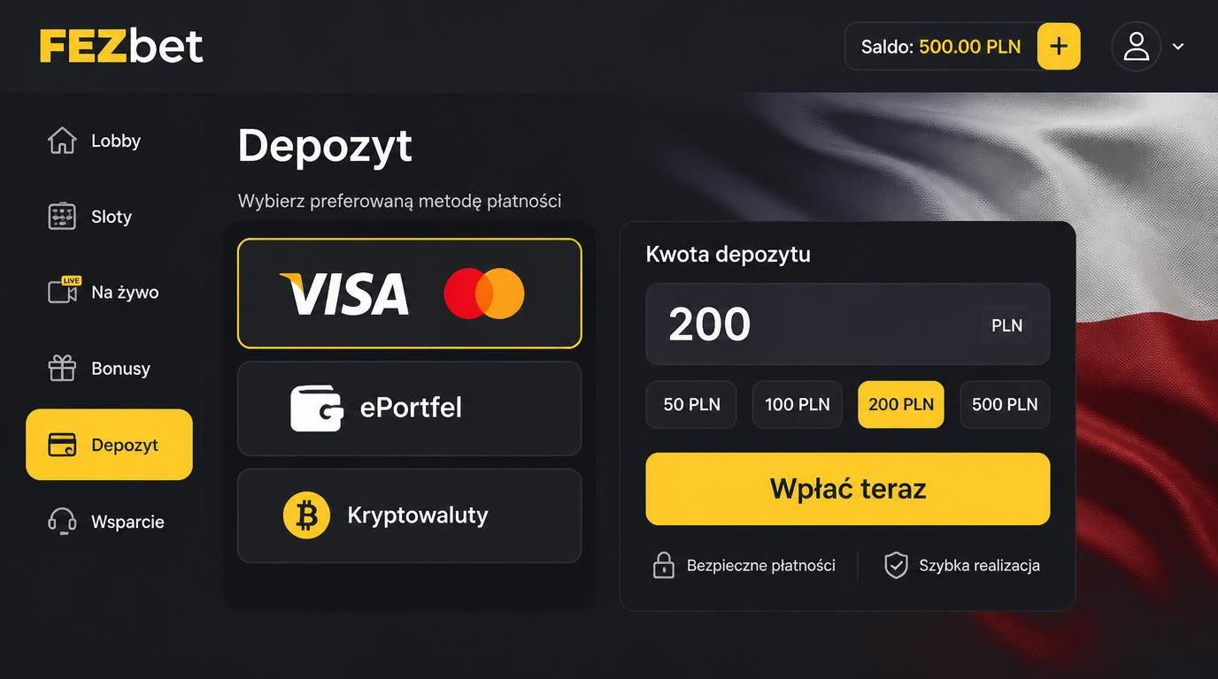 Interfejs kasyna Fezbet z opcjami płatności dla graczy z Polski