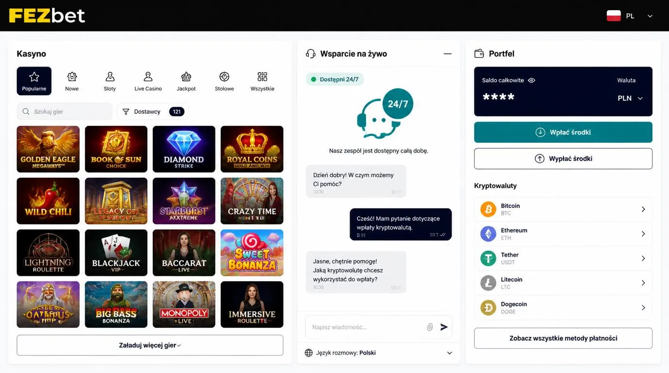 Panel kasyna z katalogiem gier, czatem dostępnym 24/7 oraz opcjami wpłat i wypłat kryptowalutowych