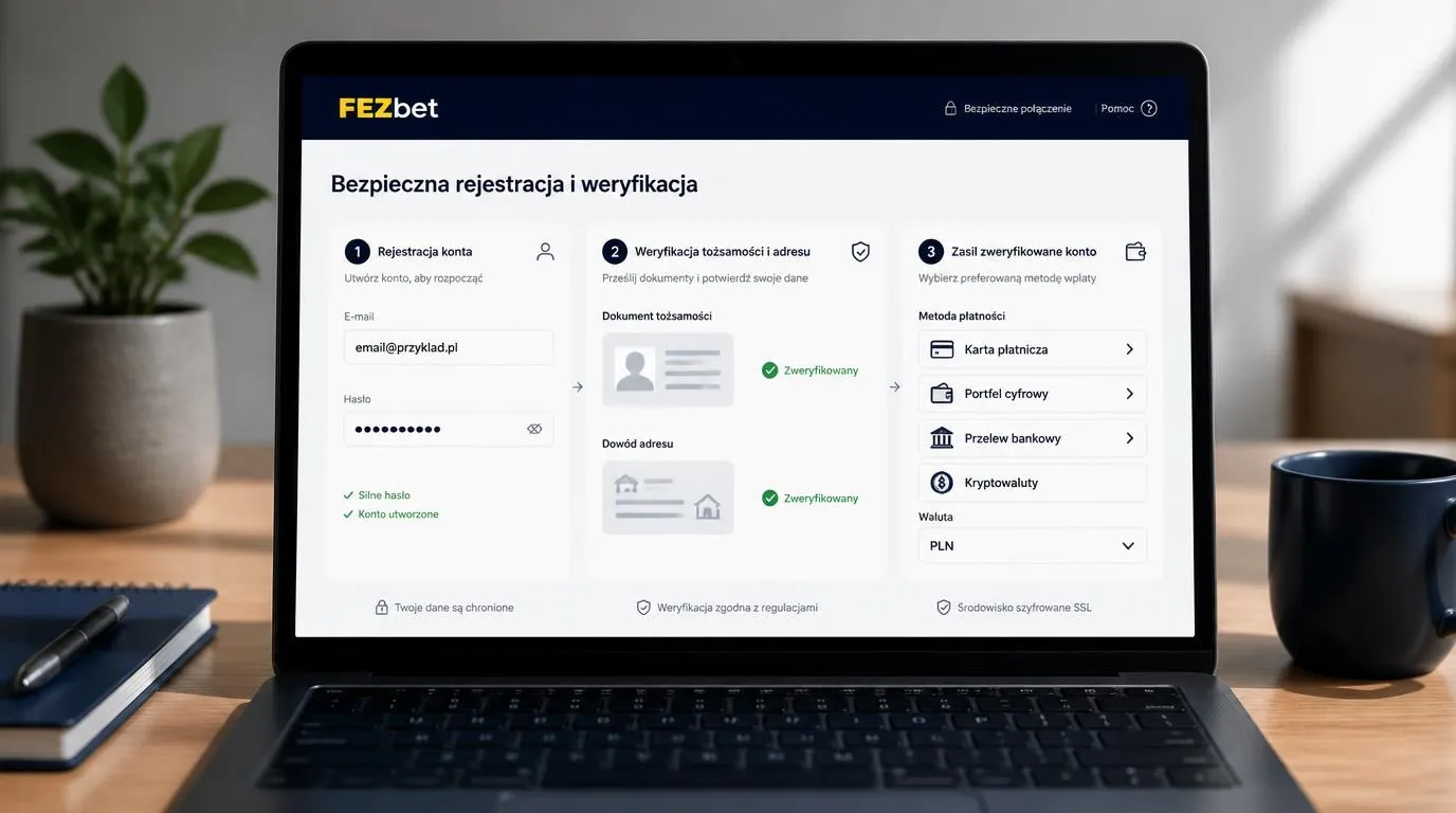 Panel konta kasyna z etapami rejestracji, weryfikacji dokumentów i wyboru metody wpłaty