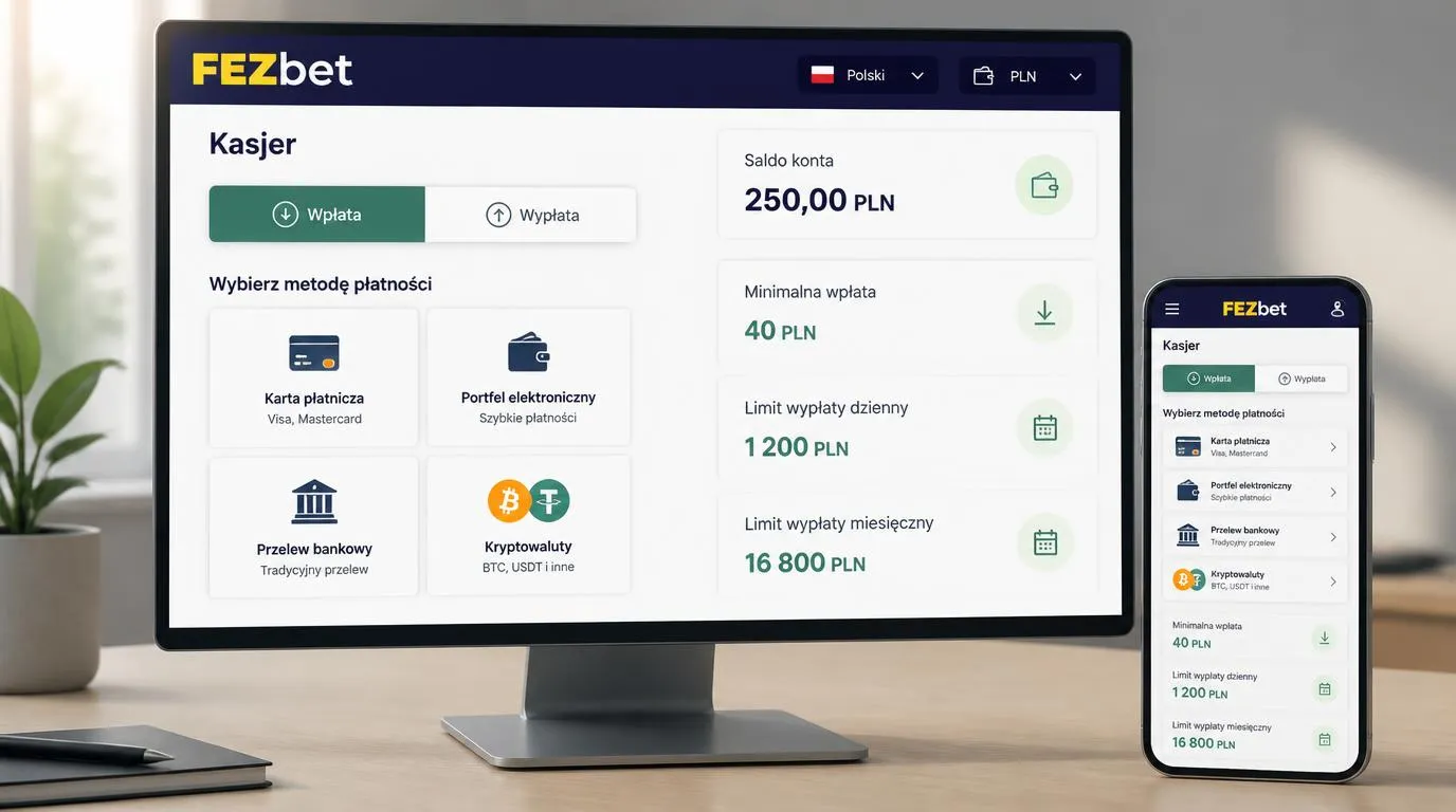 Panel kasy kasyna z saldem w PLN, wyborem płatności i polską wersją językową